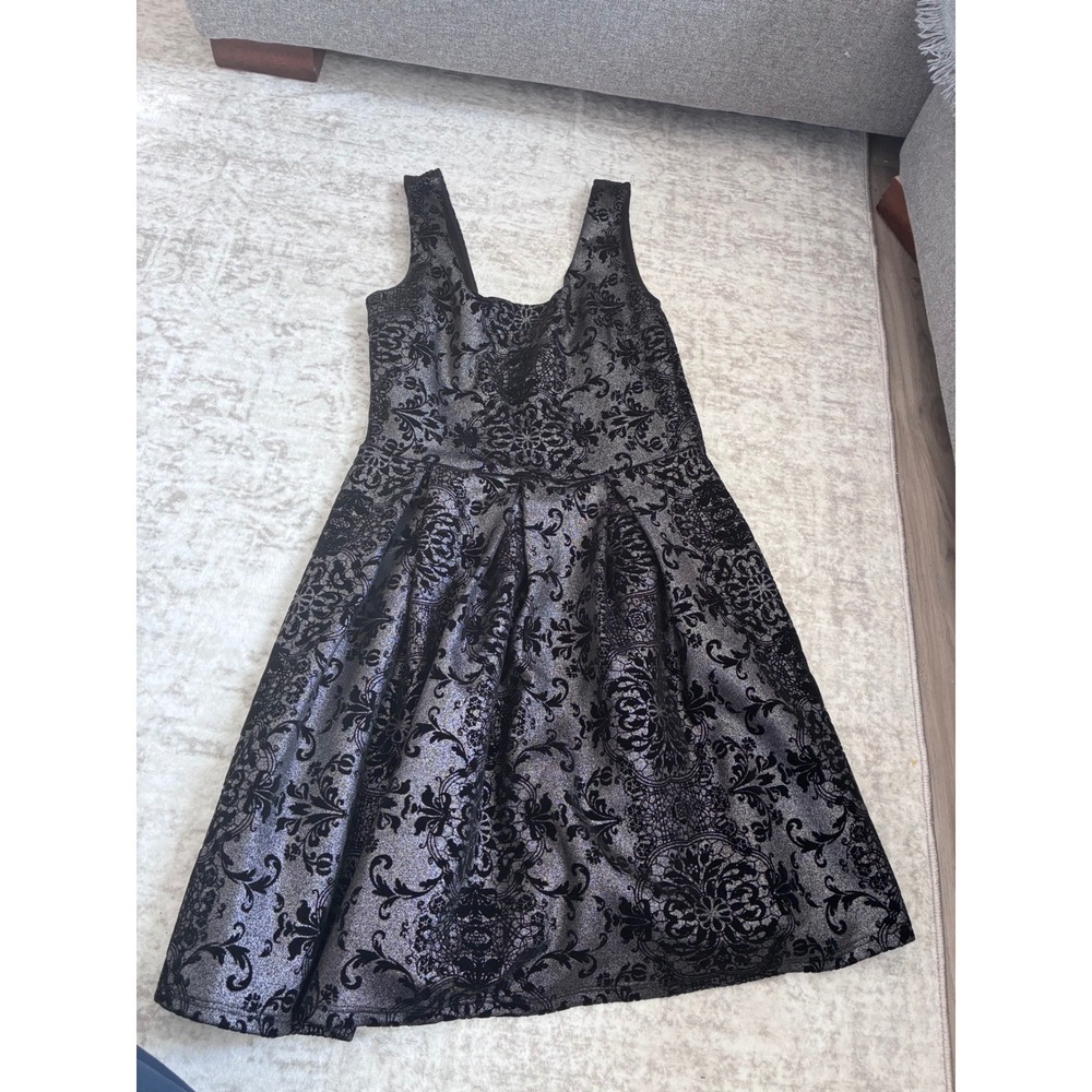 Soprano Womens Metallic Silver Black Damask Velvet Fit Flare Cocktail Dress M